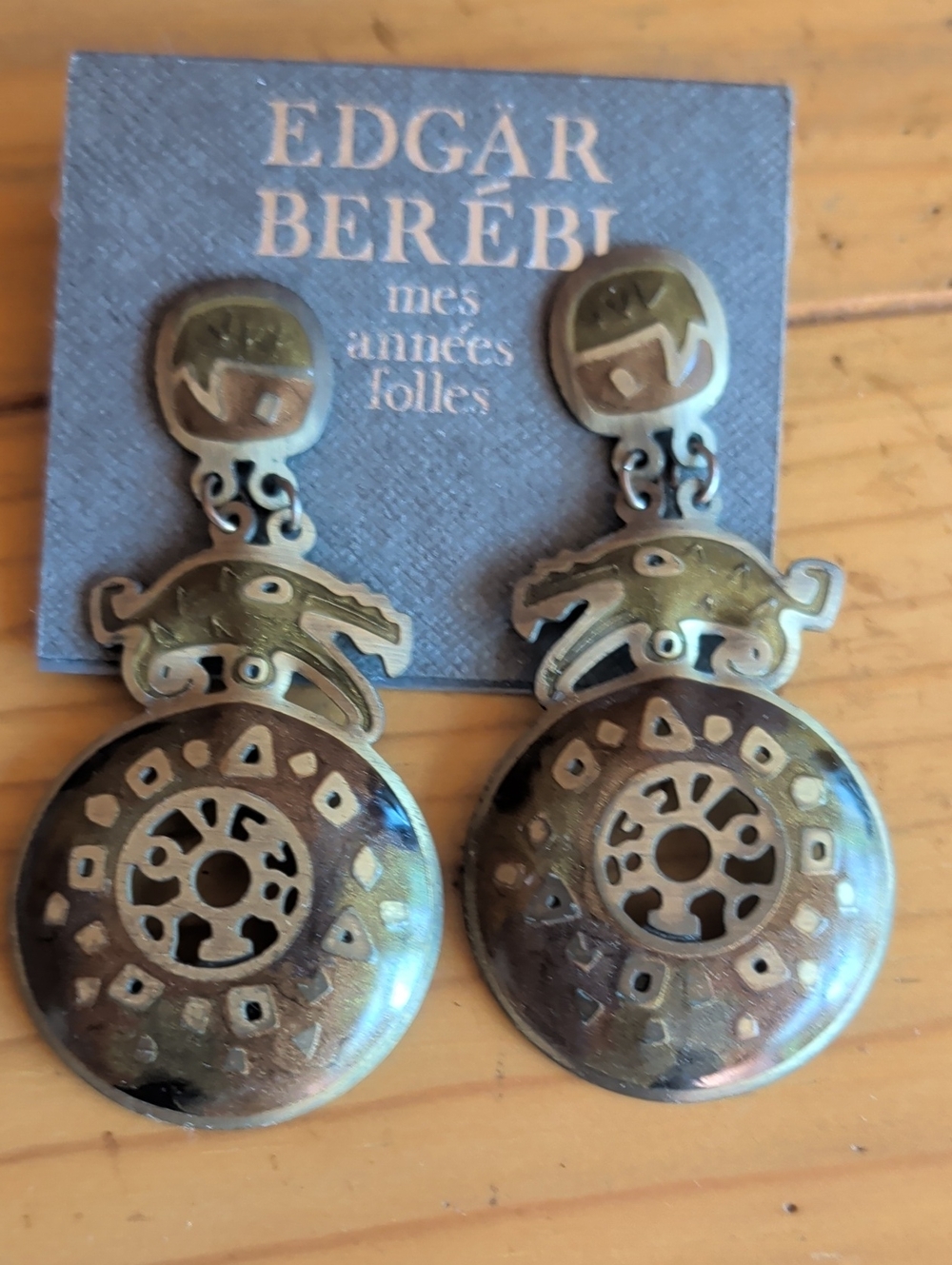 Vintage Edgar Berebi Collectib Brass- Green Tone Decorative Drop Earrings